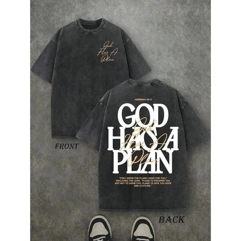 Retro Double Sided Printed T-Shirt,  GOD HAS A PLAN  Letter Graphic Tee, S