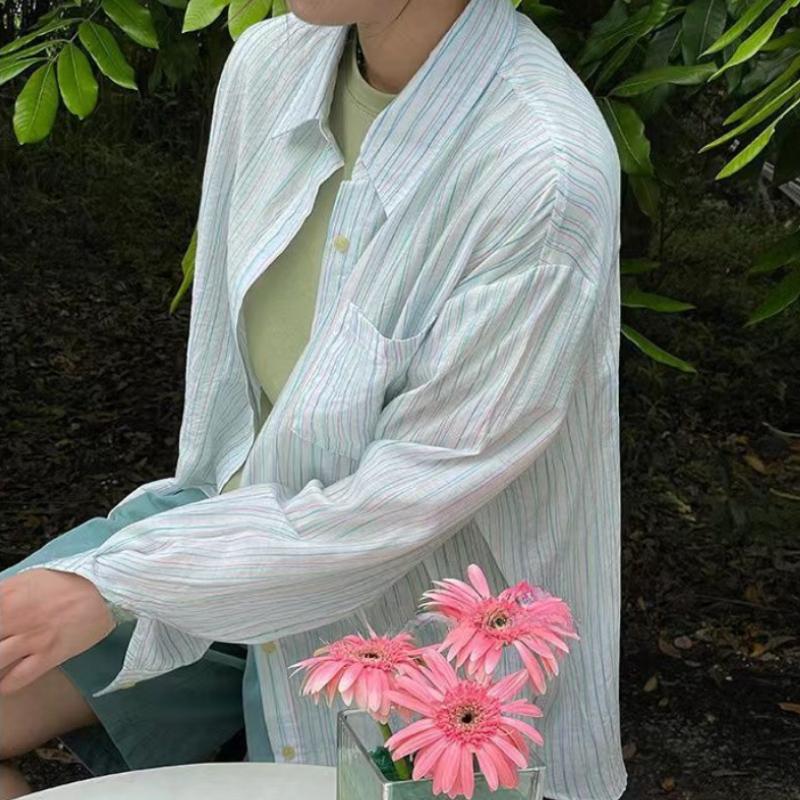 

Элегантные повседневные рубашки с длинным рукавом для женщин, солнцезащитные, в стиле ретро, шикарные, в полоску, свободные женские блузки, топы, модные, простые, тонкие, с лацканами, женские рубашки, топы 26118 One Size светло-синий