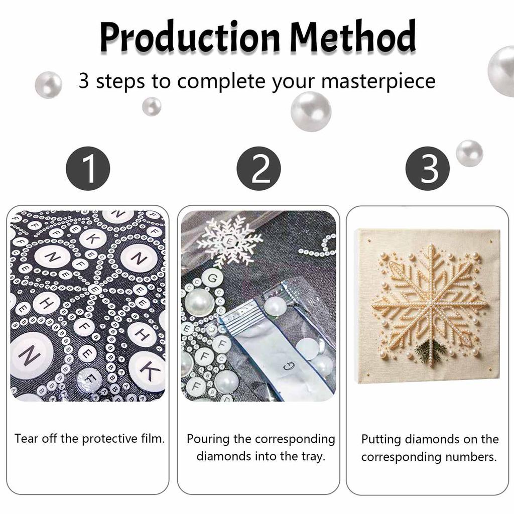 DIY 5D Pearl Painting Kit Framed with White Snowflake Design Sparkling Bead Canvas Art Creative Gift for Nursery Room Decor