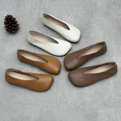 Handmade Genuine Leather Loafers Retro Square Toe Flat Casual Women's Slip-on Shoes
