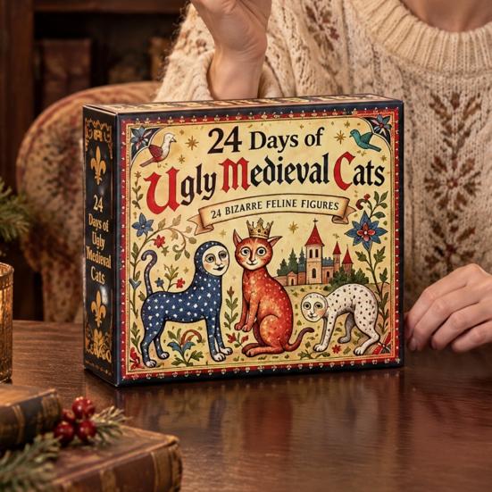 Calendario dell'Avvento per Bambini 24 Giorni di Gatti Medievali Brutti con Tradizioni Familiari Uniche per le Feste Ornamenti in Acrilico, Conto alla Rovescia di Natale Vintage per Casa e Scrivania