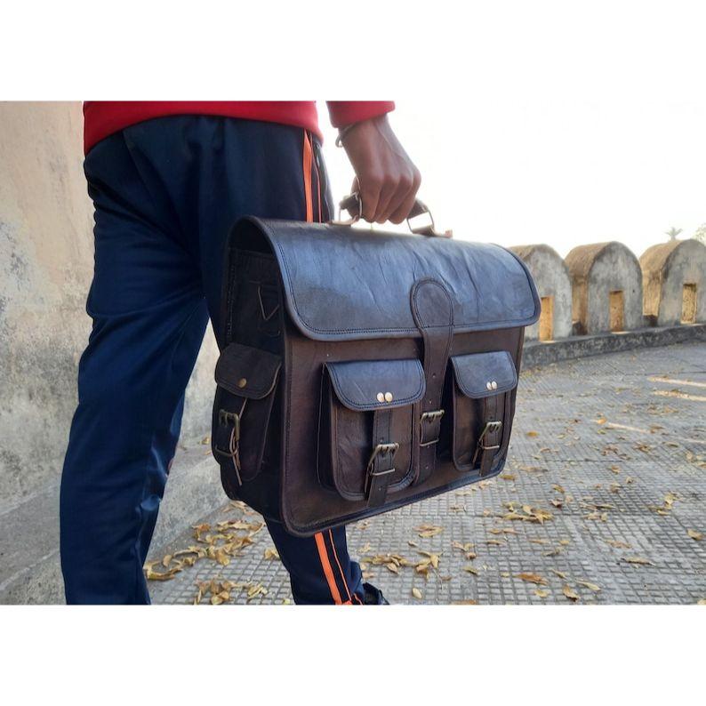 Handmade Black Leather Messenger Bag: Large Laptop Briefcase