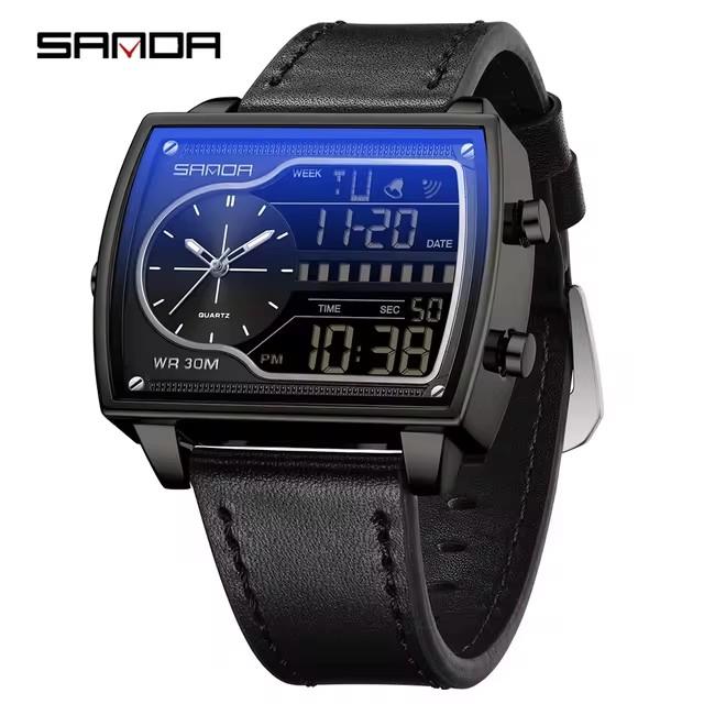 SANDA 6163 Digital Analog Men Watch Square Case Dual Display Steel Leather Silicone Strap Multifunction Sport Business Watch