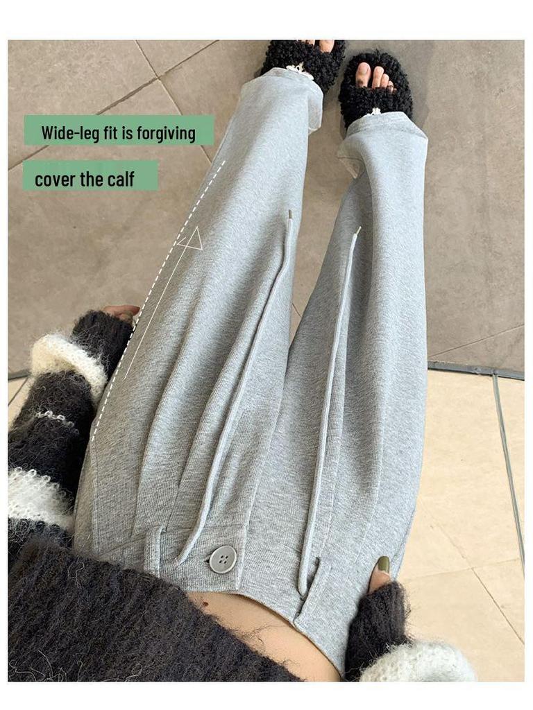 Women's Gray High-Waisted Wide-Leg Sweatpants, Slimming Loose Fit, Floor-Length, Thin Summer Style, Straight-Leg.