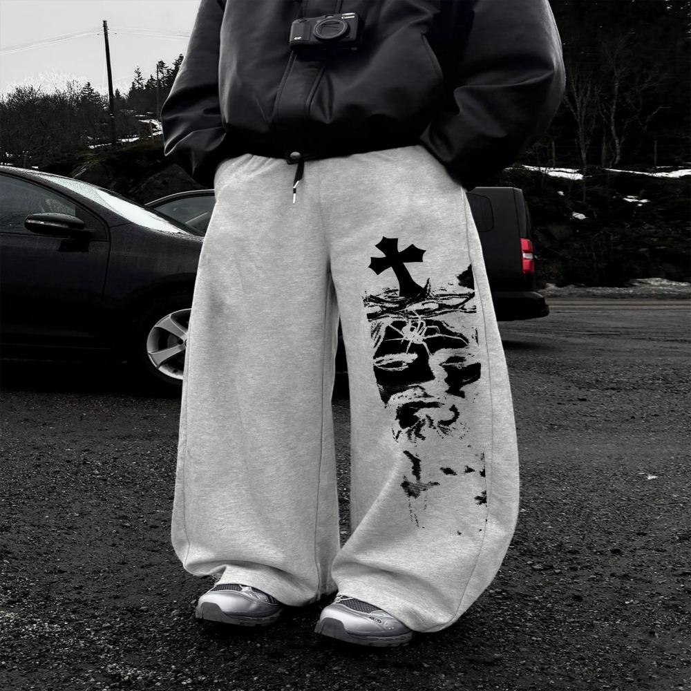 Men's Wide Leg Sports Pants, White Print Drawstring Waist Loose Fit Urban Street Style, Y2K Fashion, Outstanding Design