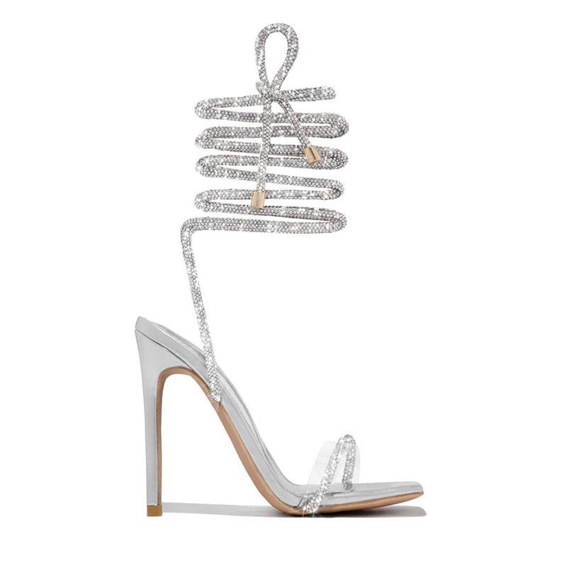 Comemore Wedding Banquet Fashion Open Toe Heels Shoes Pumps Silver Sexy Ankle Cross Strap High Heels Sandals Women Summer Party