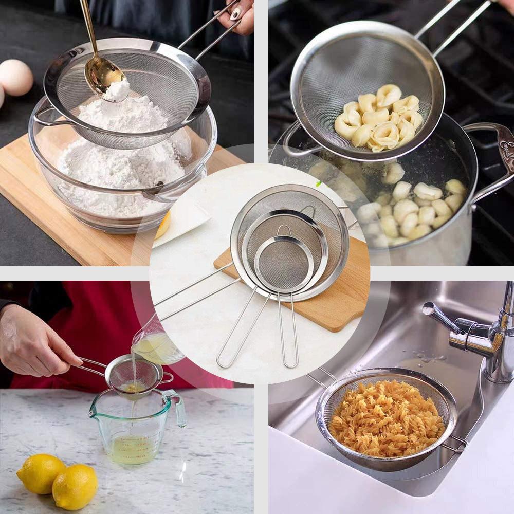 3Pcs Mesh Filter Sieve Stainless Steel Slotted Spoon Kitchen Set of 3 Fine Strainers Long Handle for Cooking Sifting and Frying