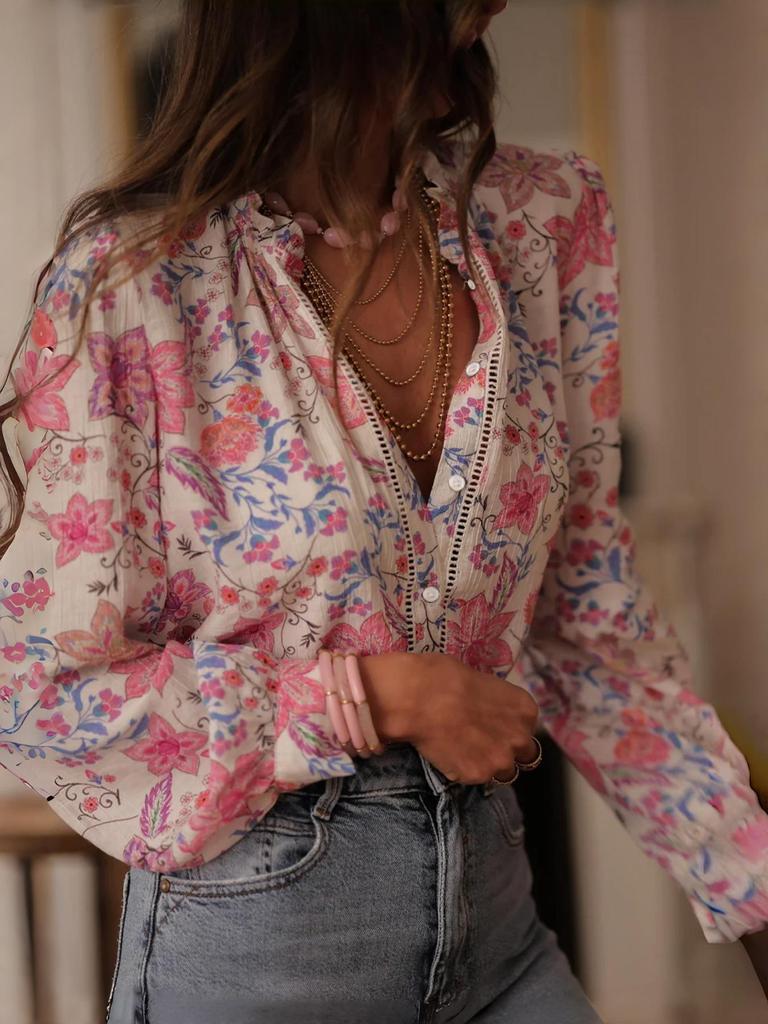 2026 New Women's V-neck Printed Casual Ice Silk Elegant Shirt