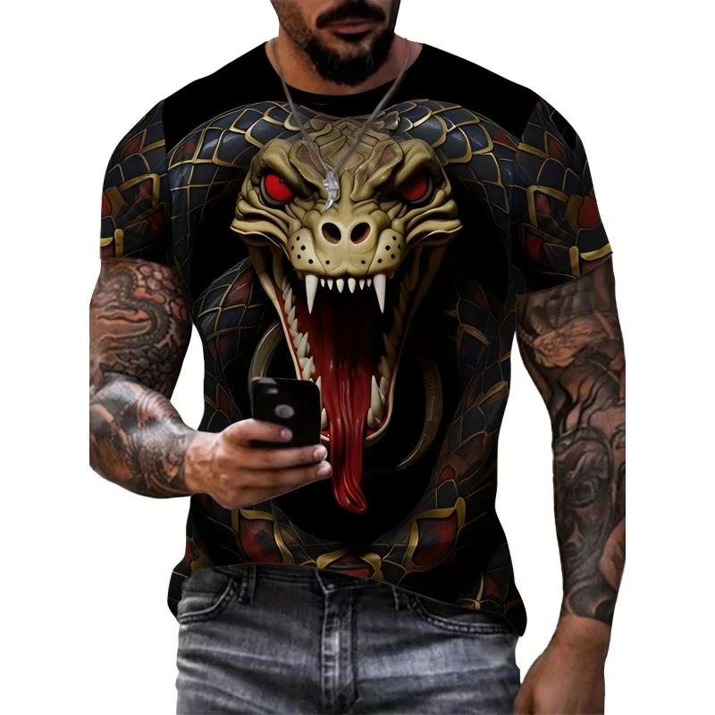 3D Printed Horror Snake T-shirt for Men and Women, Cool Animal Pattern T-shirt, Summer Loose Round Neck Top, Short Sleeved T-shirt