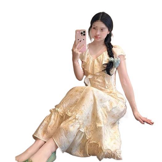 Summer French Gentle Wind Fungus Edge Floral V-neck Bag Sleeve Dress Temperament Waist A Word Long Dress Women's Clothing