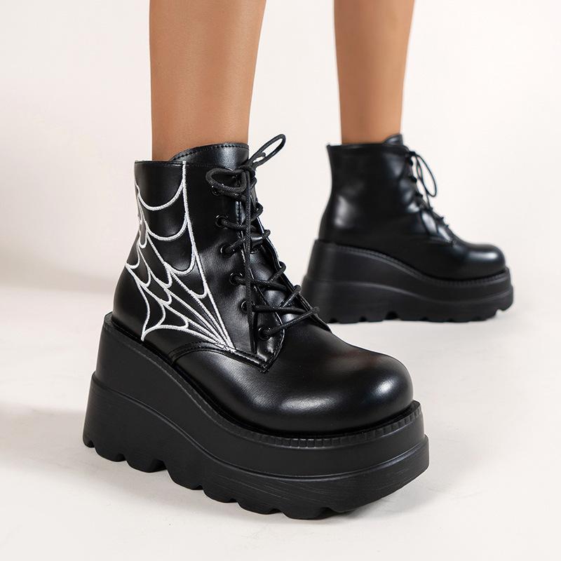 Large Size Spider Web Embroidery Small Punk Boots ins Gothic Lace Up Platform Boots Fashion Women's Boots