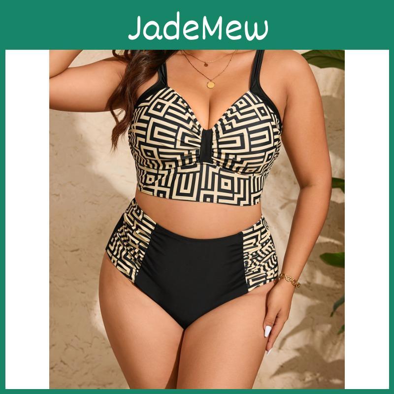 Size Print V Geometric Plus Neck High Waist 2 Piece Set Bikini Swimsuits Womens Swimwear Clothing
