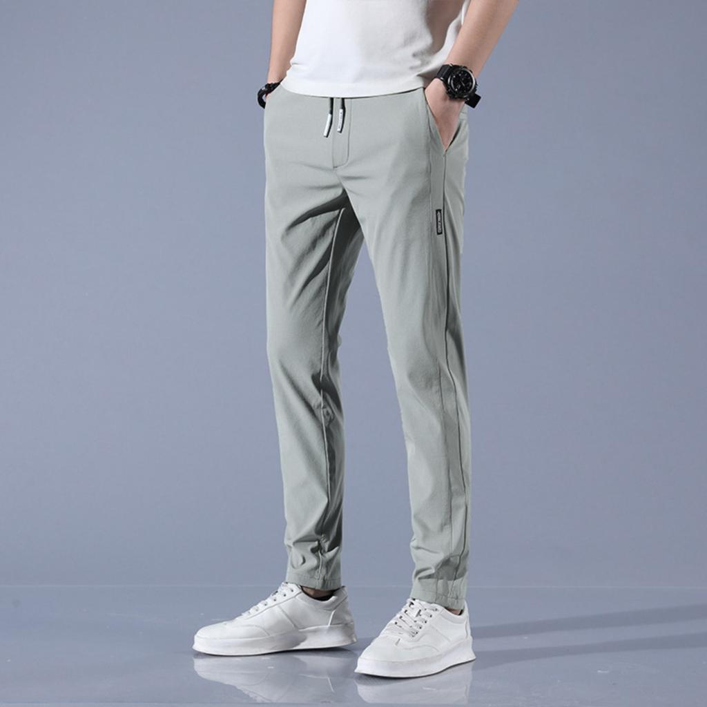 Pantaloni bărbați cu croială slim fit, cu picior drept, din mătase de gheață, pantaloni casual de vară, subțiri și ușori pentru bărbați