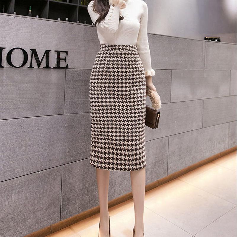 Autumn Winter Elegant Fashion Houndstooth Print Pencil Skirts Office Lady High Waist Temperament All-match Split Bodycon Skirt