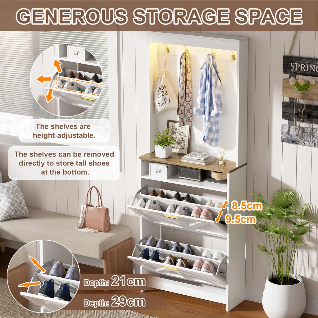 Narrow Shoe Cabinet with LED Lighting & 2 Flip-down Drawers – Farmhouse Shoe Organizer, with Hooks, for Hallway, Space-saving, White, 70x24x180 Cm