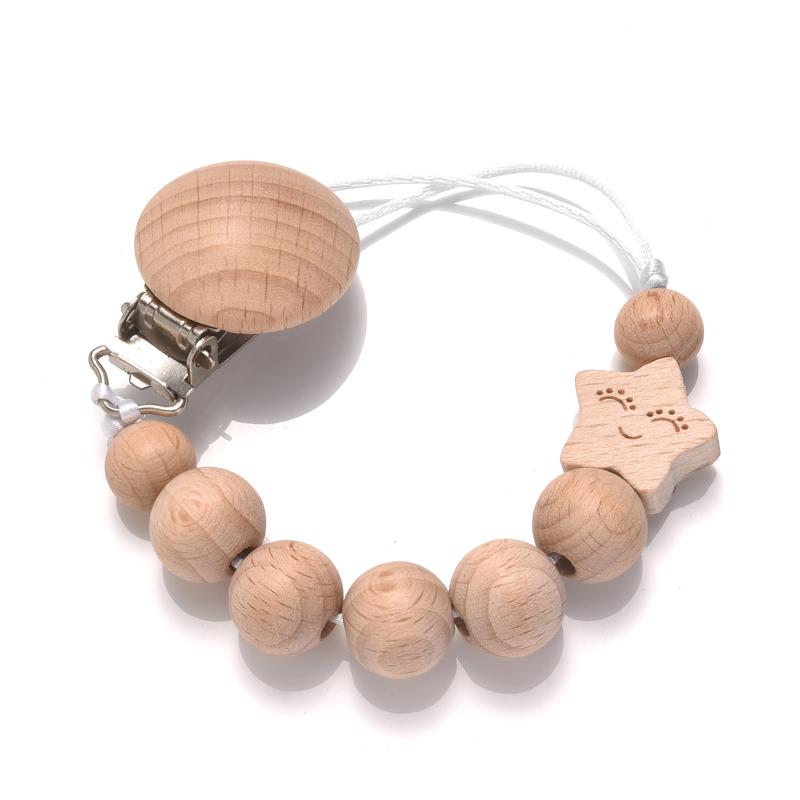 Baby Beech Wood Pacifier Clip Hand Ring Set Wooden Round Bead Soother Nipple Chain For Nursing Toy Infant Teether Teething Chain