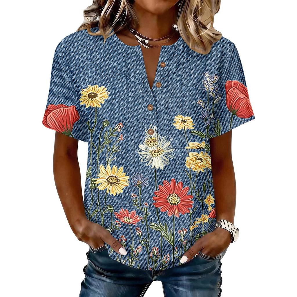Women's Vintage Floral Print Henley Button Neck Short Sleeve Shirt Lightweight Cotton Linen Blend Casual Top for Everyday Wear