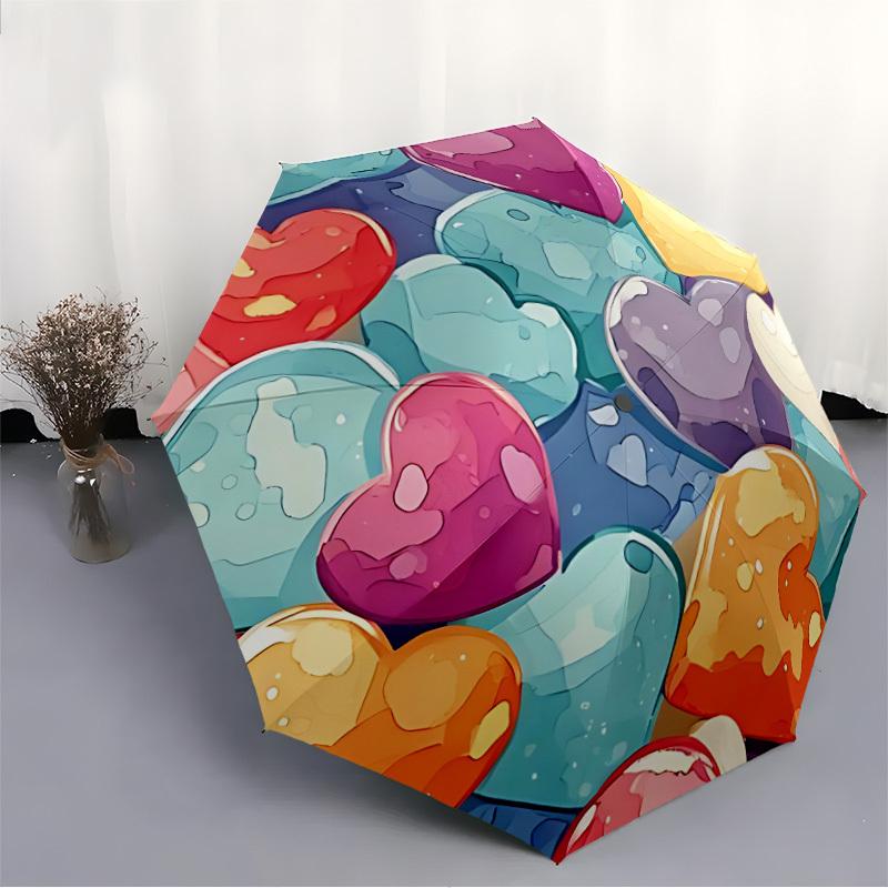 1pc Heart Shapes Automatic Open/close Folding Compact Umbrella, 8-Rib Sturdy Canopy, Lightweight Portable, Everyday Use, Gift,133