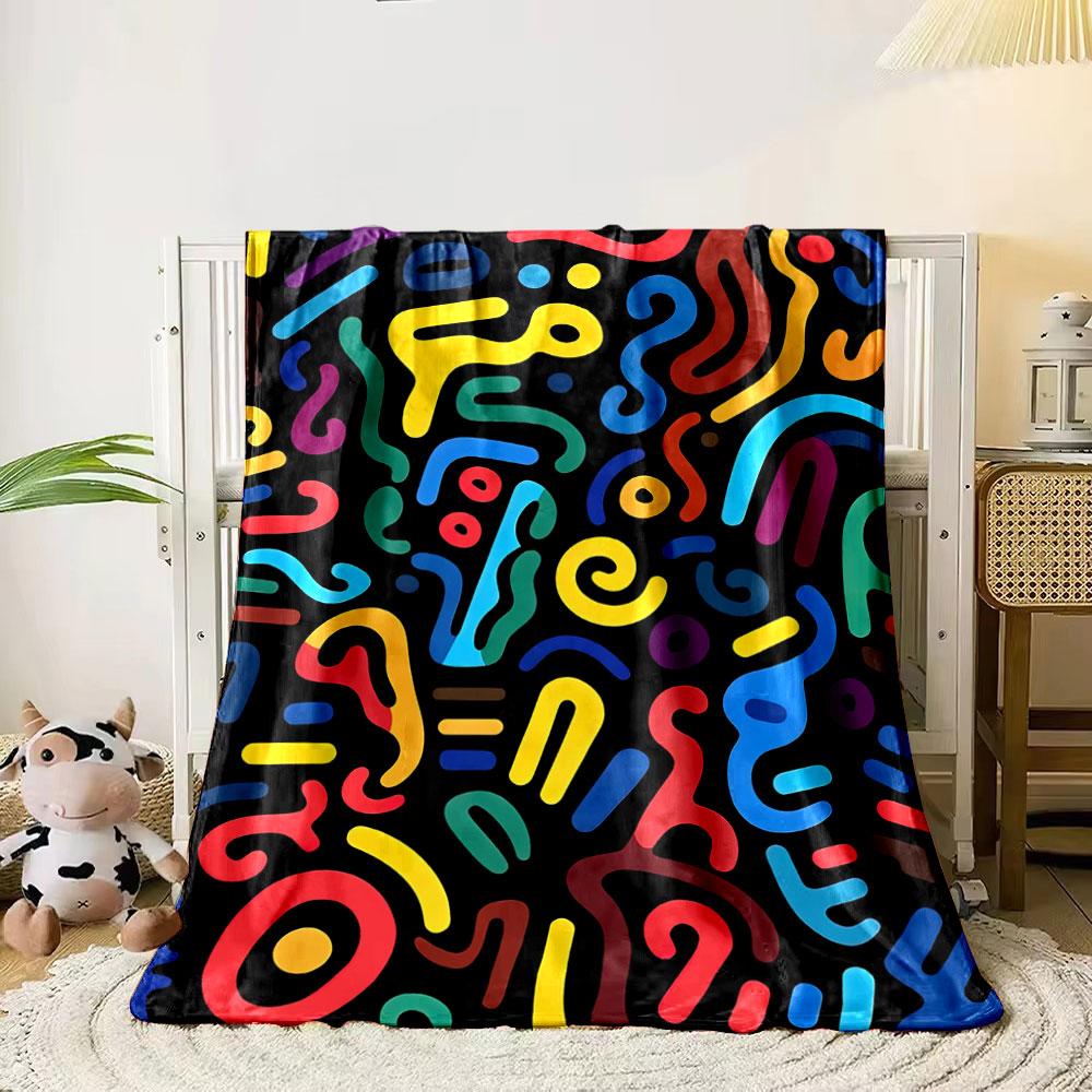 Colorful abstract squiggles and shapes on a black background. for all seasons blanket lunch break throw gift 80cm x 120cm