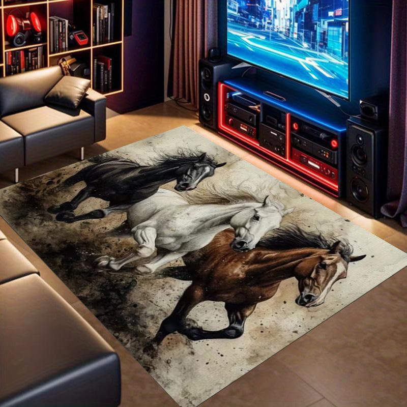 Three Running Black White Brown Horses Vintage Grunge Print Area Rug Wildlife Animal Non Slip Rectangular Floor Mat Horse Lover Gaming Room Decor Rug