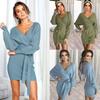 Elegant Women's V-neck Bodycon Jumper Dress With Long Sleeves And Tie Belt