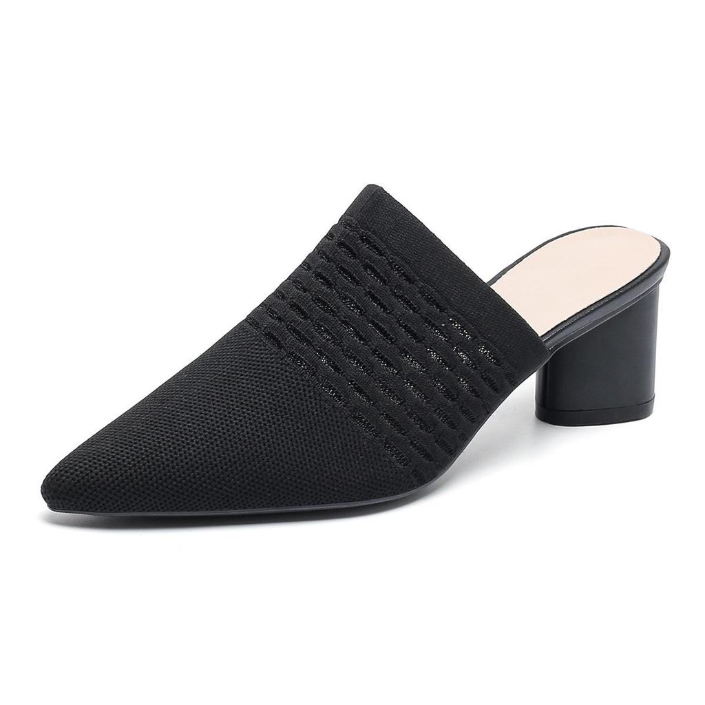 Dámské Velké Velikosti Jarní Špičaté Špičky Tlustý Vysoký Podpatek Pantofle Boty Ležérní Prodyšné Jednobarevné Pletené Sandály Boty 34-43