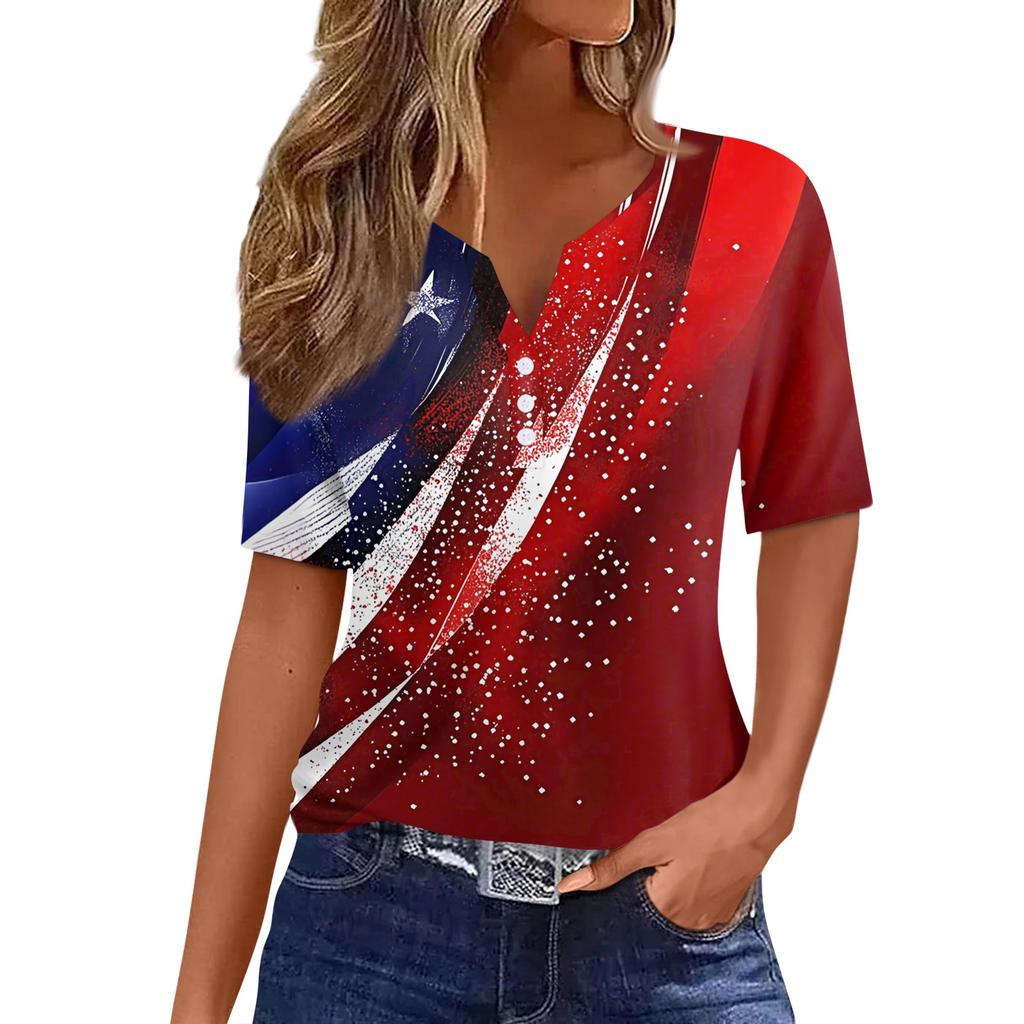 Women's T Shirt Independence Day Print Button Short Sleeve Daily Weekend Fashion Basic V- Neck Regular Top