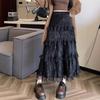 Women Elastic High Waist Tiered Lace Patch Maxi Long Skirt