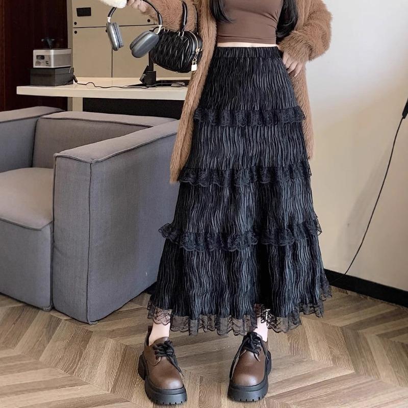 Women Elastic High Waist Tiered Lace Patch Maxi Long Skirt S чёрный