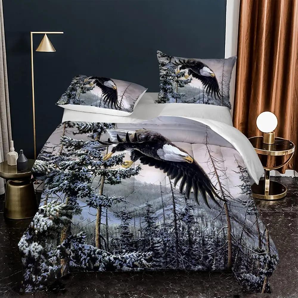 Africa Duvet Cover Set, Aerial View of Bald Eagle Flying USA, Decorative 3 Piece Bedding Set with 2 Pillow Sham, Full King Size