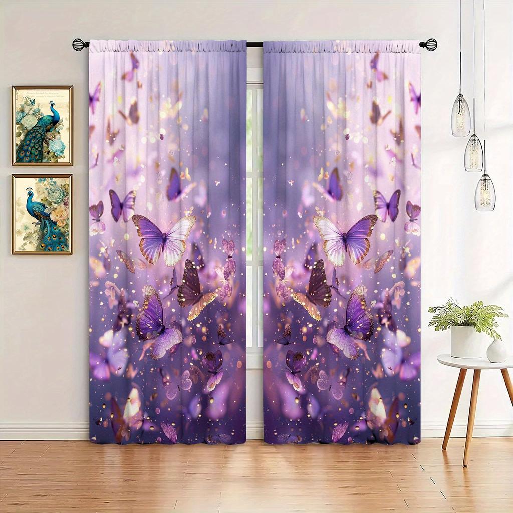 2pcs Purple Butterfly Printed Curtain for Home Decor - Rod Pocket Window Treatment for Bedroom   Office   Kitchen and  Living Room