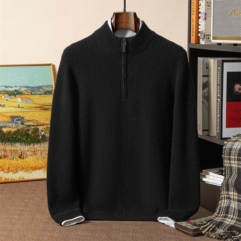 Cashmere sweater men's semi-turtleneck sweater double-strand thickened ingot needle loose semi-zipper