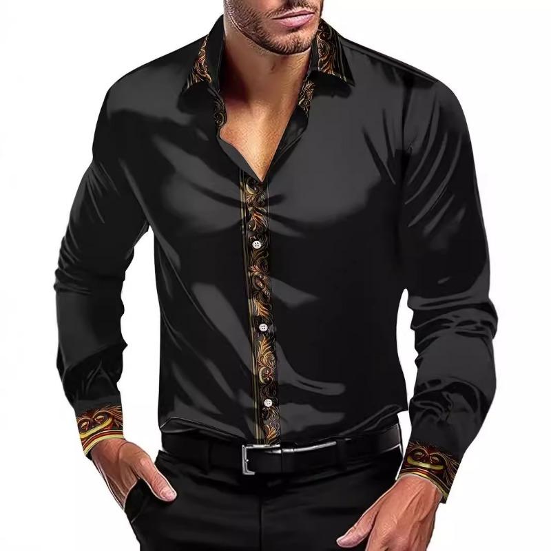Spring Men's Silk Like Dress Shirt with Gold Baroque Trim Long Sleeve Formal Top