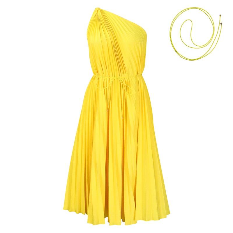 

Women s summer new solid color diagonal shoulder straps A-shaped skirt loose pleated dress S