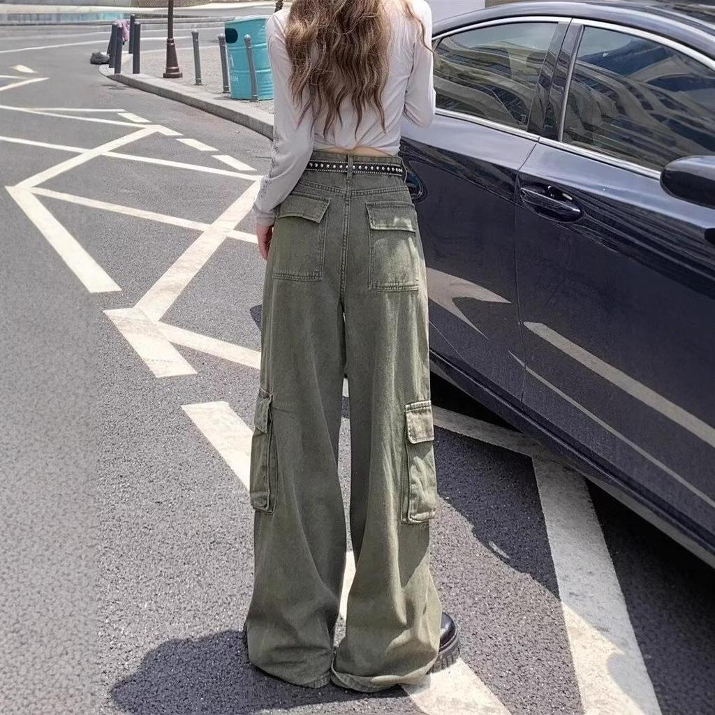 Plus Size High Waist Army Green Slimming Cargo Pants - 2025 Hip-Hiding Loose Straight Leg Jeans