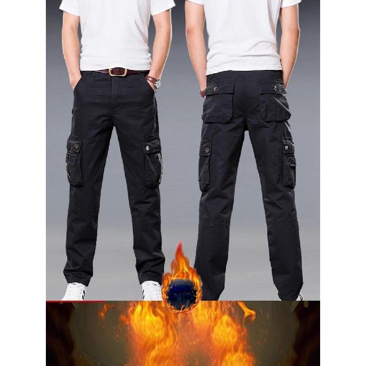 Winter New Men'S Plush Thick Work Pants Warm Cotton Loose Straight Tube Multi Bag Casual Work Pants