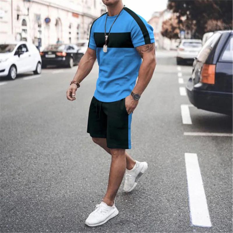 Men's Summer Casual T-Shirt Set Striped 3D Printed T-Shirt Short Sleeve Shorts 2 Piece Oversized Casual Beach Sports Suit