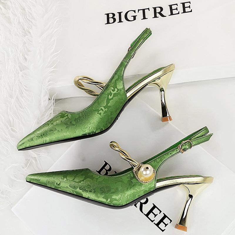 2025 New Ethnic Style Women Pumps Silks Satins High Heels Pointed Hollow Women Sandals Metal Heel Kitten Heels Sexy Party Shoes