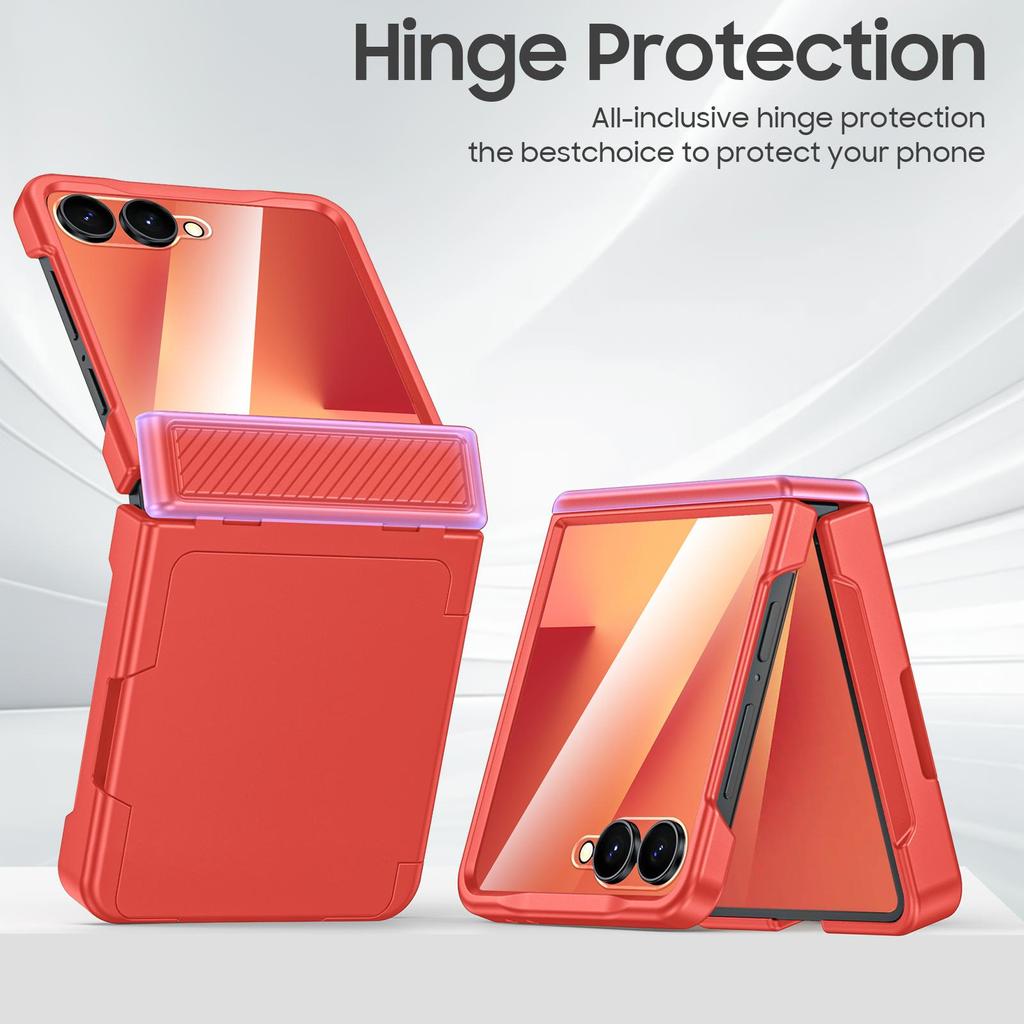 For Samsung Galaxy Z Flip 7 with Card Holder [RFID Blocking] & Hinge Protection & HD Screen Protector,Rugged Anti-Scratch Phone Case-Rose Red