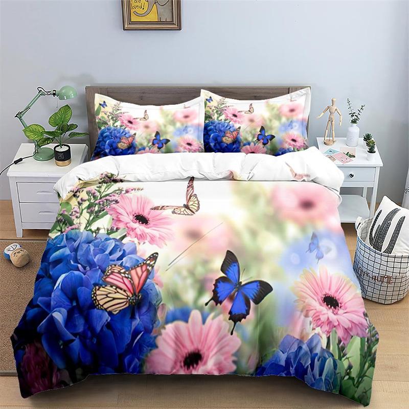 3D Colorful Butterfly Duvet Cover Natural Floral And Butterflies Pattern Bedding Set For Girl Women Microfiber With Pillowcases