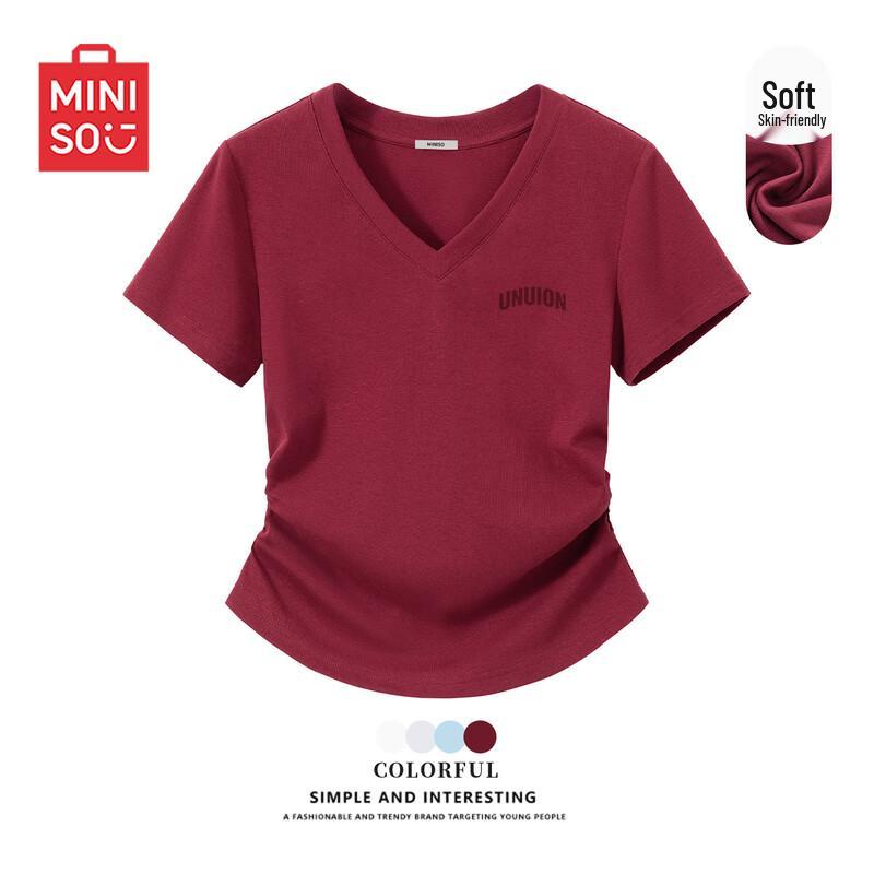 MINISO Women s Slim Fit V-Neck Ruched Short Sleeve T-Shirt M вино красного