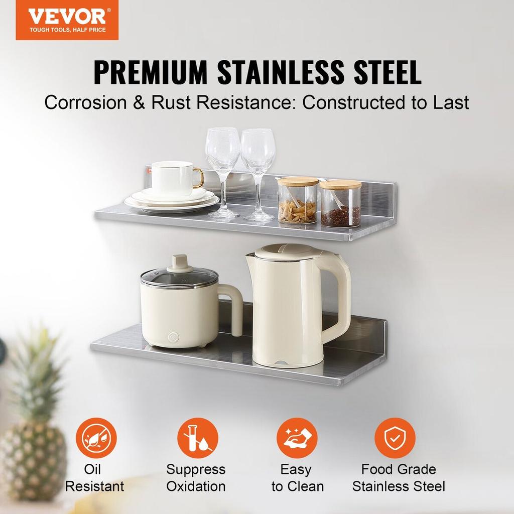 8.6" X 24" Stainless Steel Shelf, Wall Mounted Floating Shelving with Backsplash, 44 Lbs Load Capacity Commercial Shelves, Heavy Duty Storage Rack for
