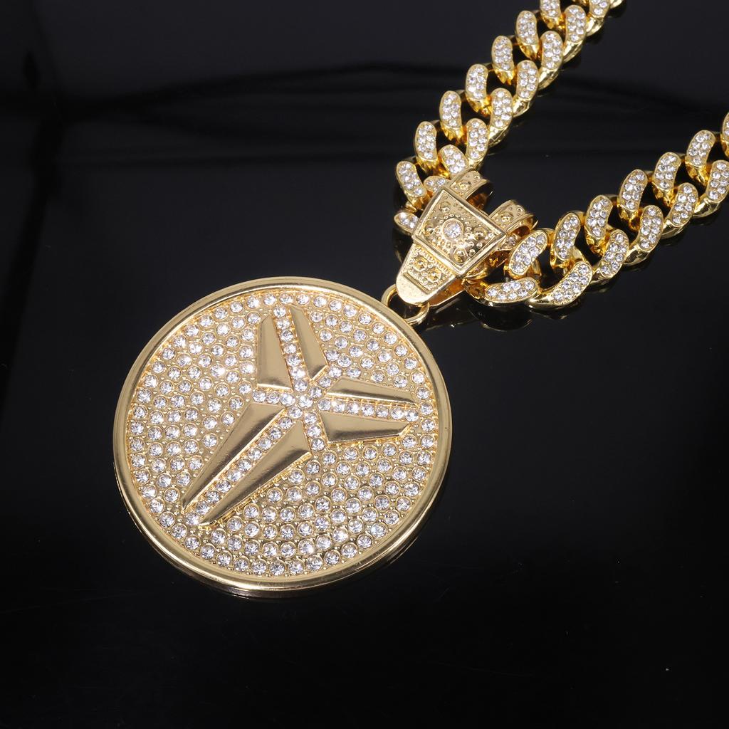 European American Hot Selling Full Rhinestone Alloy Triangle Star Round Tag Pendant Hip Hop Cuban Chain Necklace Street Rap Trendsetter Accessories