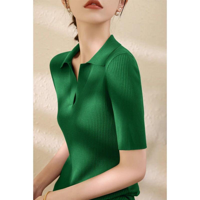 

French Style Classy Lyocell Flip V Neck Short Sleeve Tencel Knitwear Women s Summer New Arrival Shoulder Ice Silk T-shirt Tops Thin Green XL