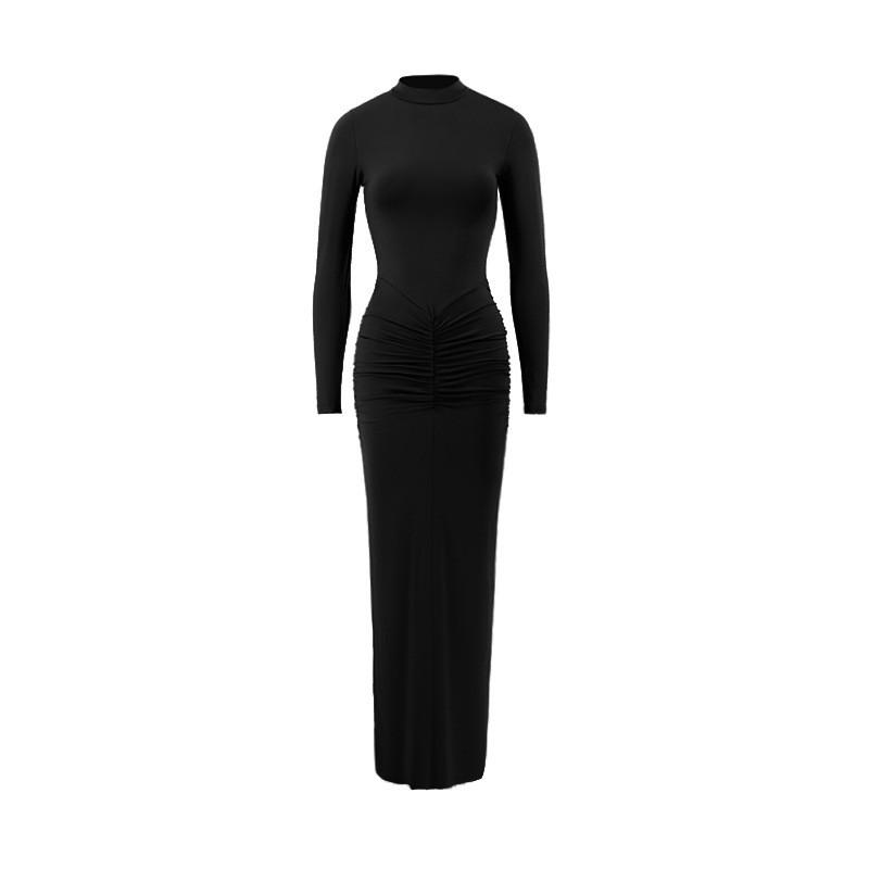 Elegant Long Sleeve Dress With High Waist And Pleated Details For Casual Wear