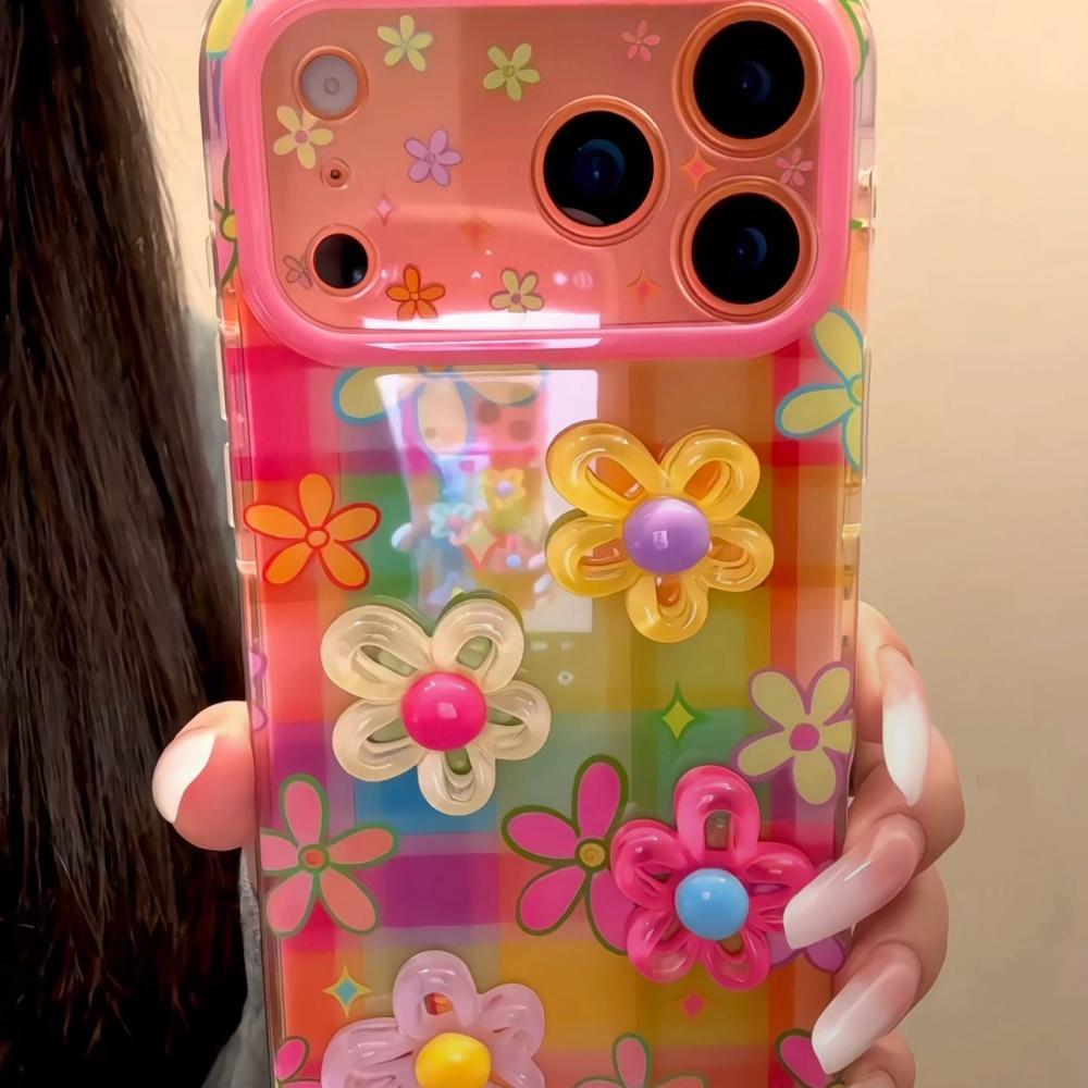 Korean Style Ins Dopamine Colorful Checkered 3D Flower iPhone 17 Pro Max Case for Apple 15 Pro 14 13 16 Women Unique Full Cover