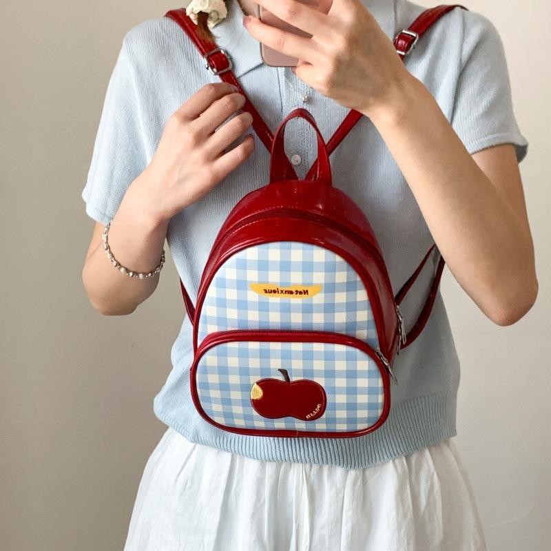Fashion Plaid Apple Backpack Cute Exquisite Girl Backpack College Style Student Schoolbag Large Capacity