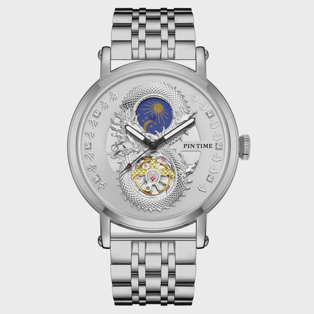 PINTIME Luxury Gold Stainless Watch Dragon Skeleton Mechanical Watch Men Moon Phase Tourbillon Wristwatch