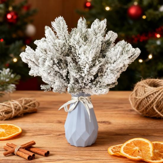 10/20/30Pcs Artificial Snowy Pine Branch 5 Fork Faux Greenery Stem Fake Plants Pick Xmas Holiday Wedding Party Home Decoration