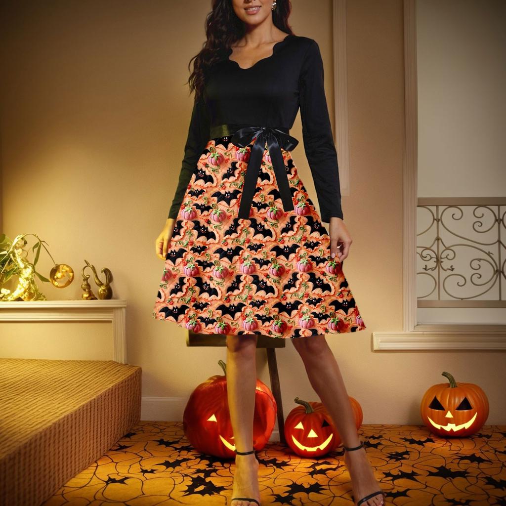 Women's Casual Fashion Long Sleeve  Halloween Graphic Printed Vintage Long Dresses
